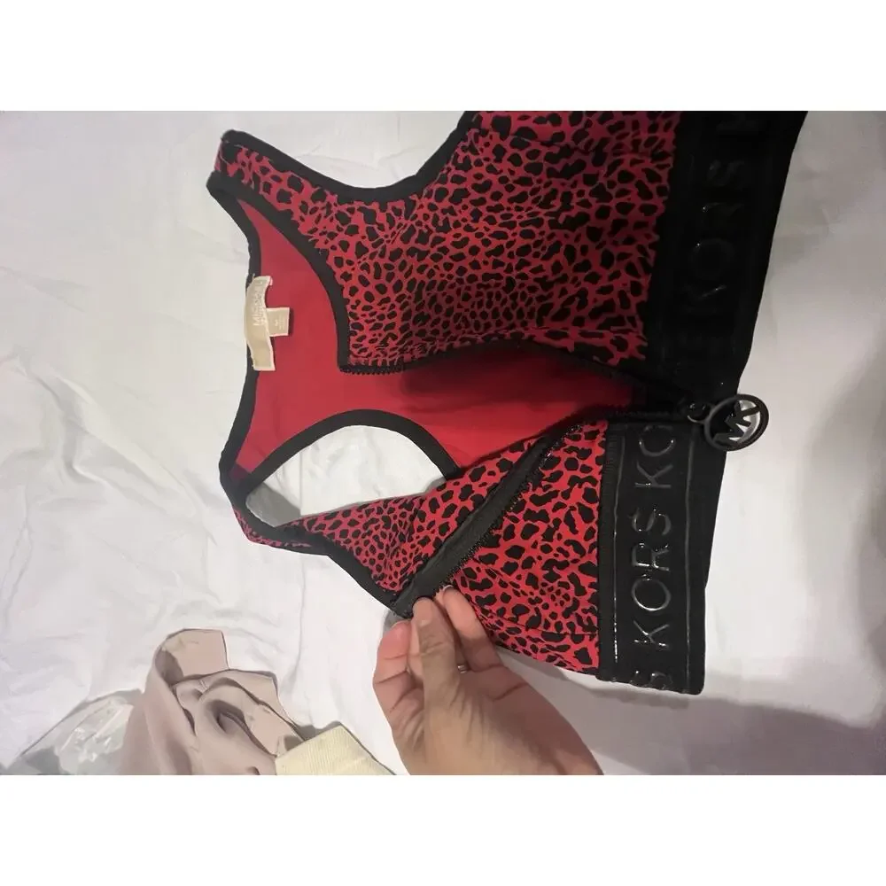 Michael Michael Kors Zip Front Racerback Animal Print Sports Bra Red Black M